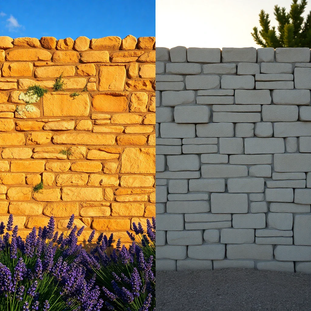 Side-by-side comparison of a natural stone wall in a Provencal garden and a manufactured stone wall from a hardware store, hi
