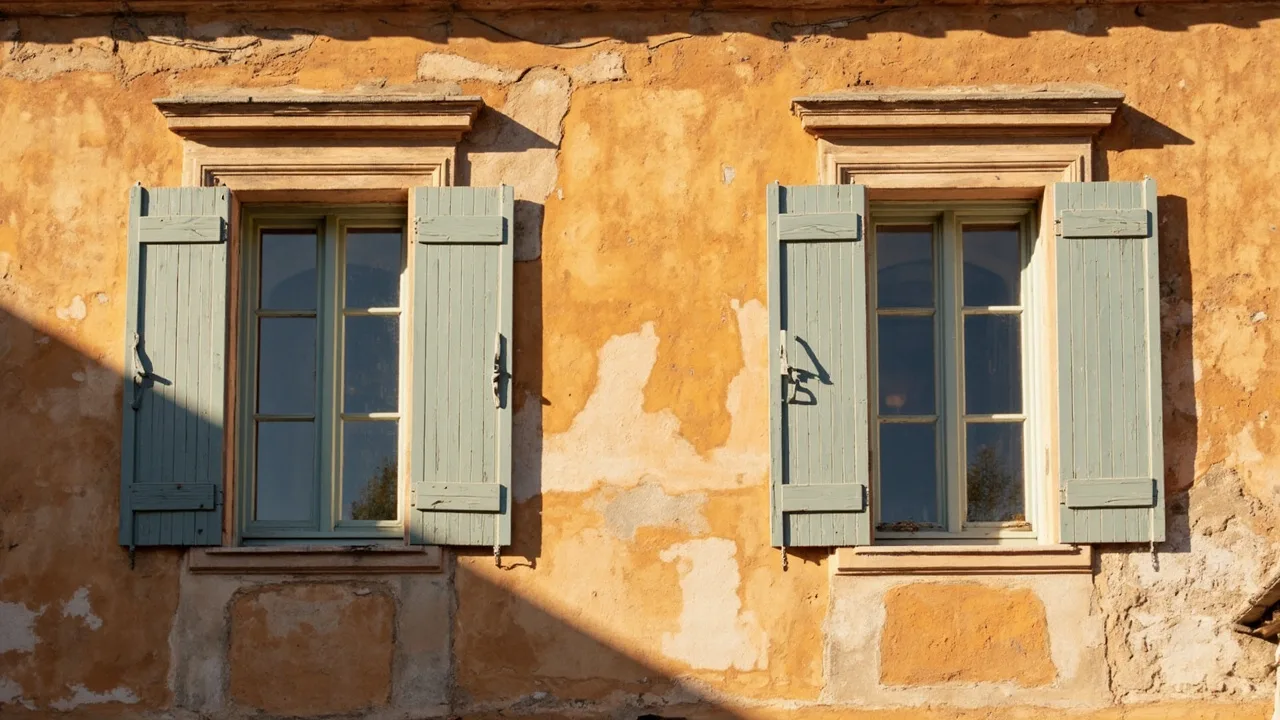 Façade provençale ocre en enduit à la chaux avec volets bleu-gris