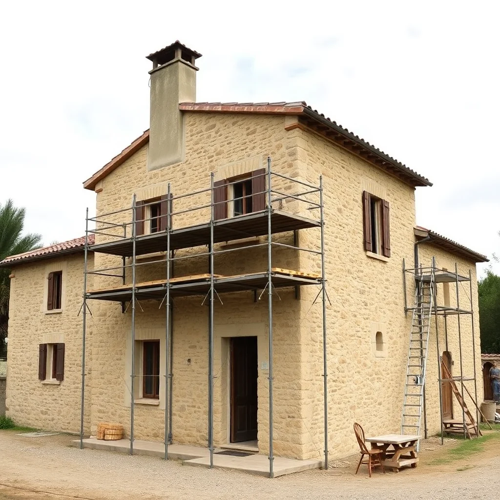Rénovation d'un mas provençal en pierre, chantier avec échafaudage