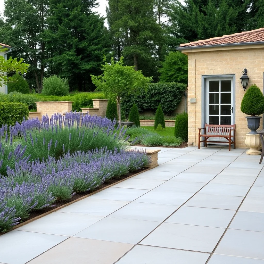 Terrasse en grandes dalles béton dans un jardin provençal