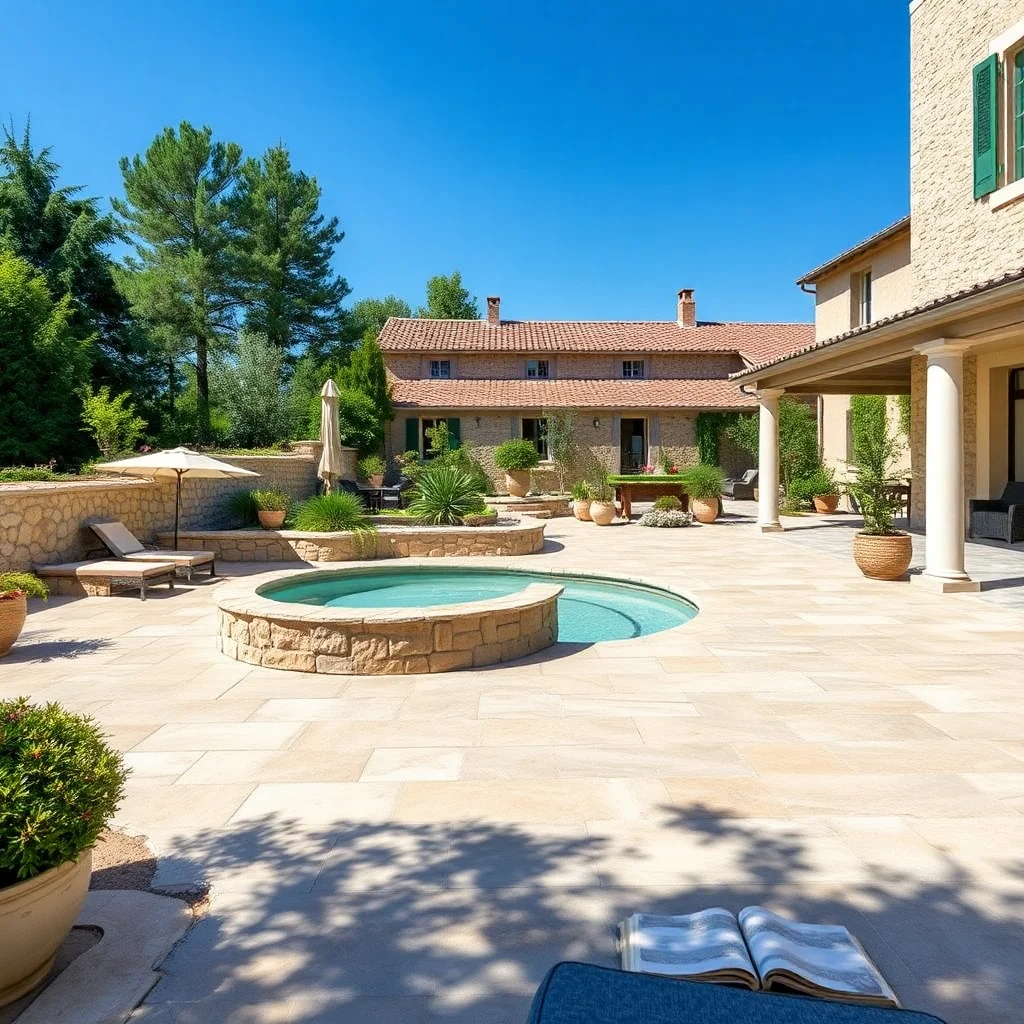 Terrasse en dalles pierre reconstituée autour d'une piscine en Provence