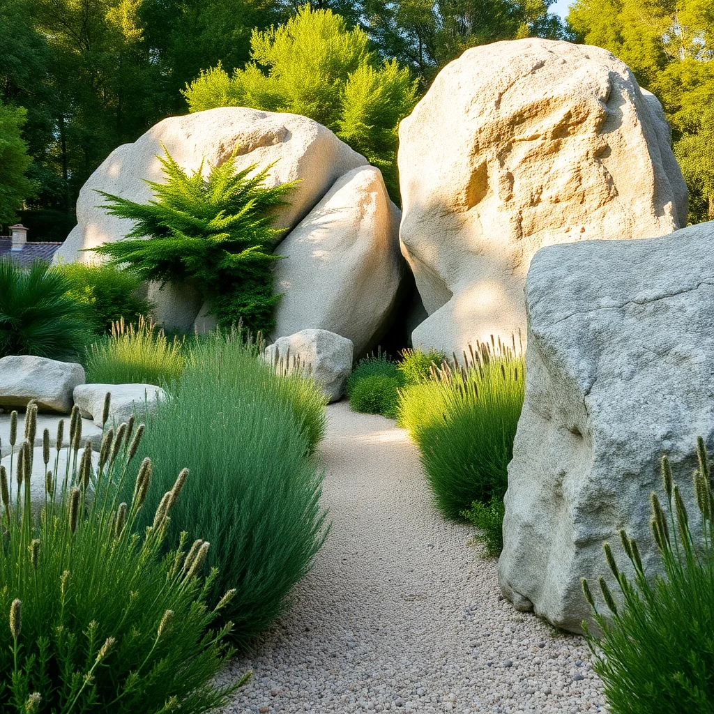 Grosses pierres calcaires dans un jardin provençal méditerranéen