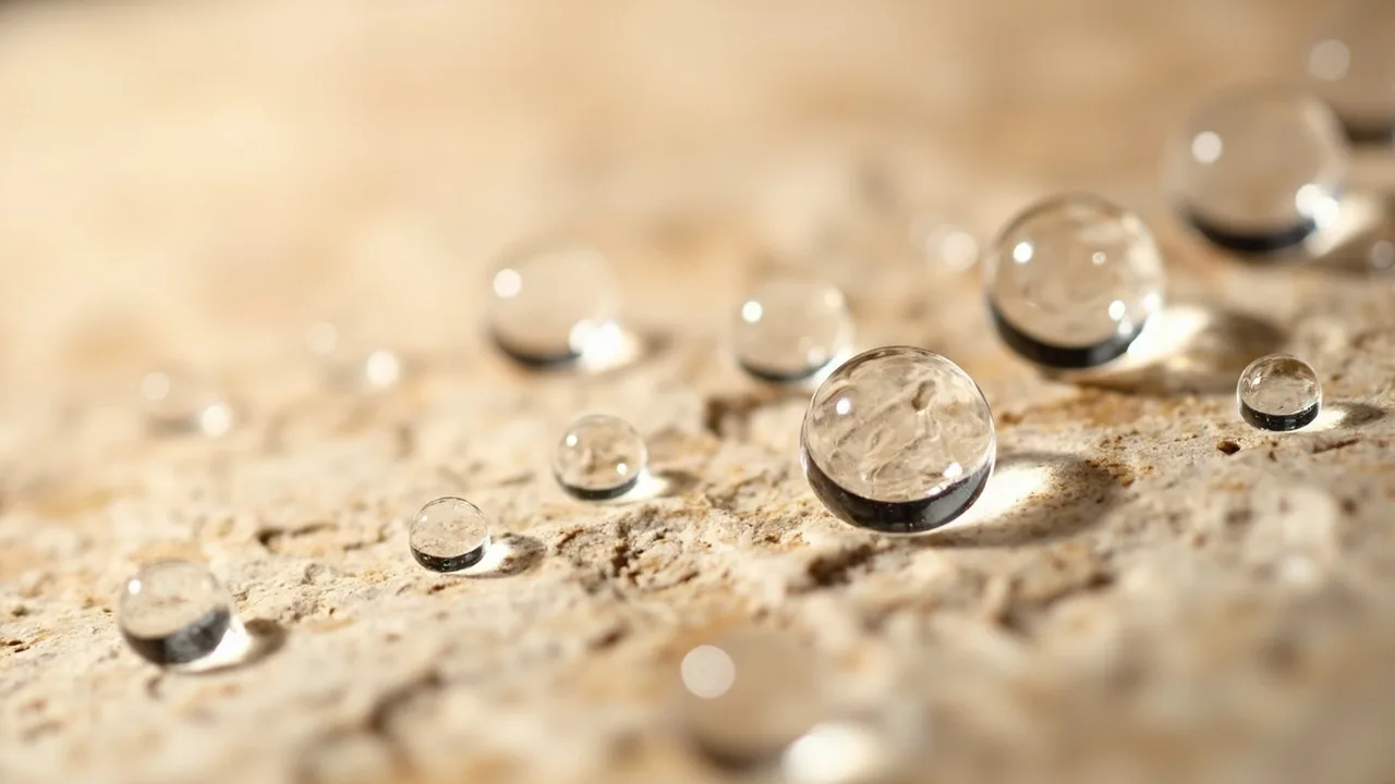 Gouttes d'eau perlant sur une pierre calcaire traitée à l'hydrofuge