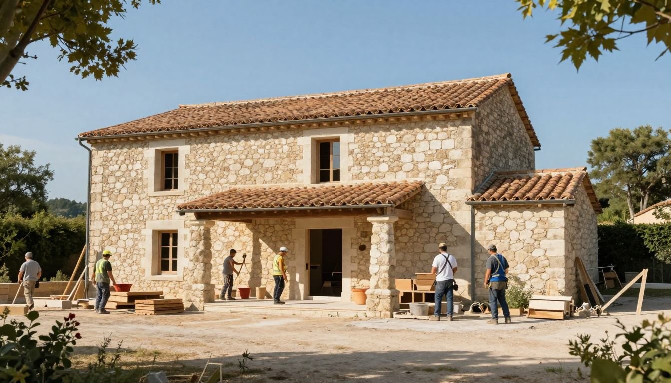 Chantier de rénovation d un mas provençal en pierre calcaire avec ouvriers