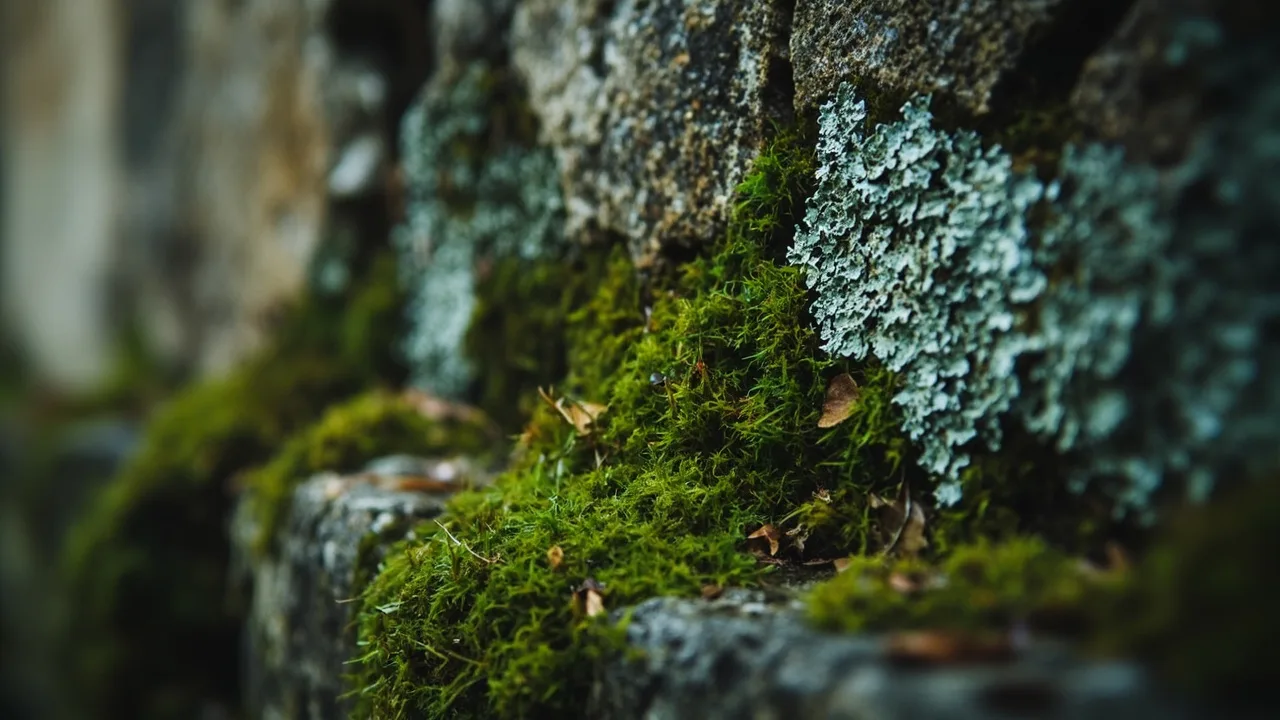 Mousse et lichen sur un mur en pierre ancien à l'ombre