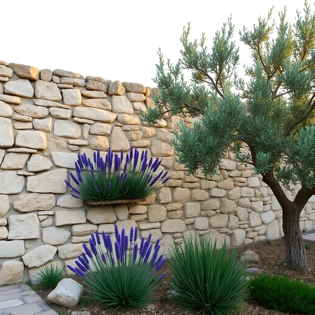 Muret en pierre calcaire en Provence, jardin méditerranéen avec lavande