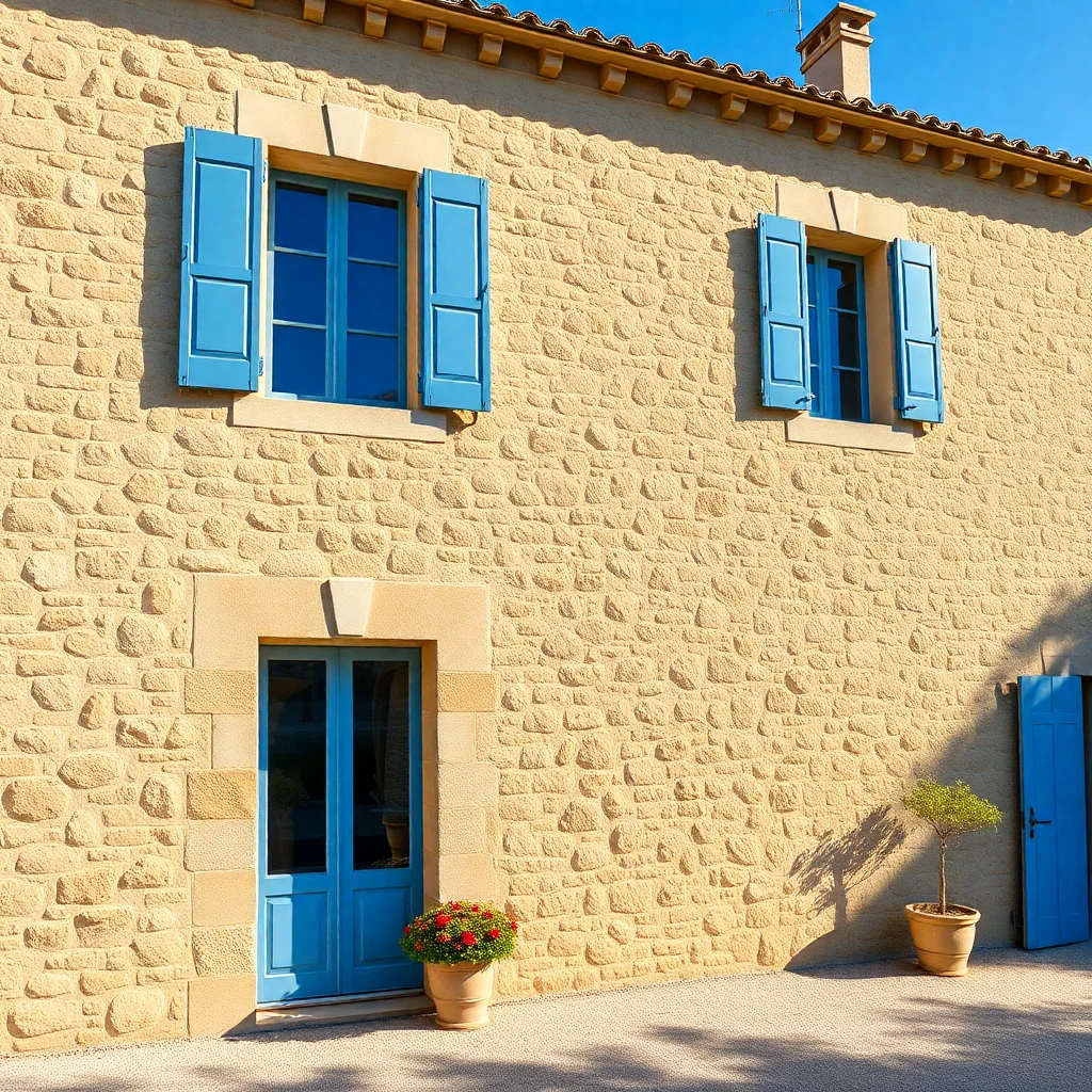 Façade en pierre de parement calcaire doré, maison provençale restaurée