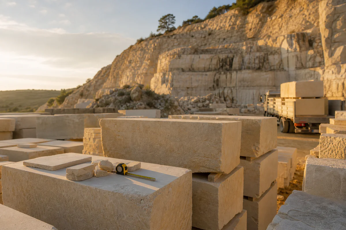 Carrière de pierre calcaire en Provence avec blocs taillés et front de taille au coucher du soleil.