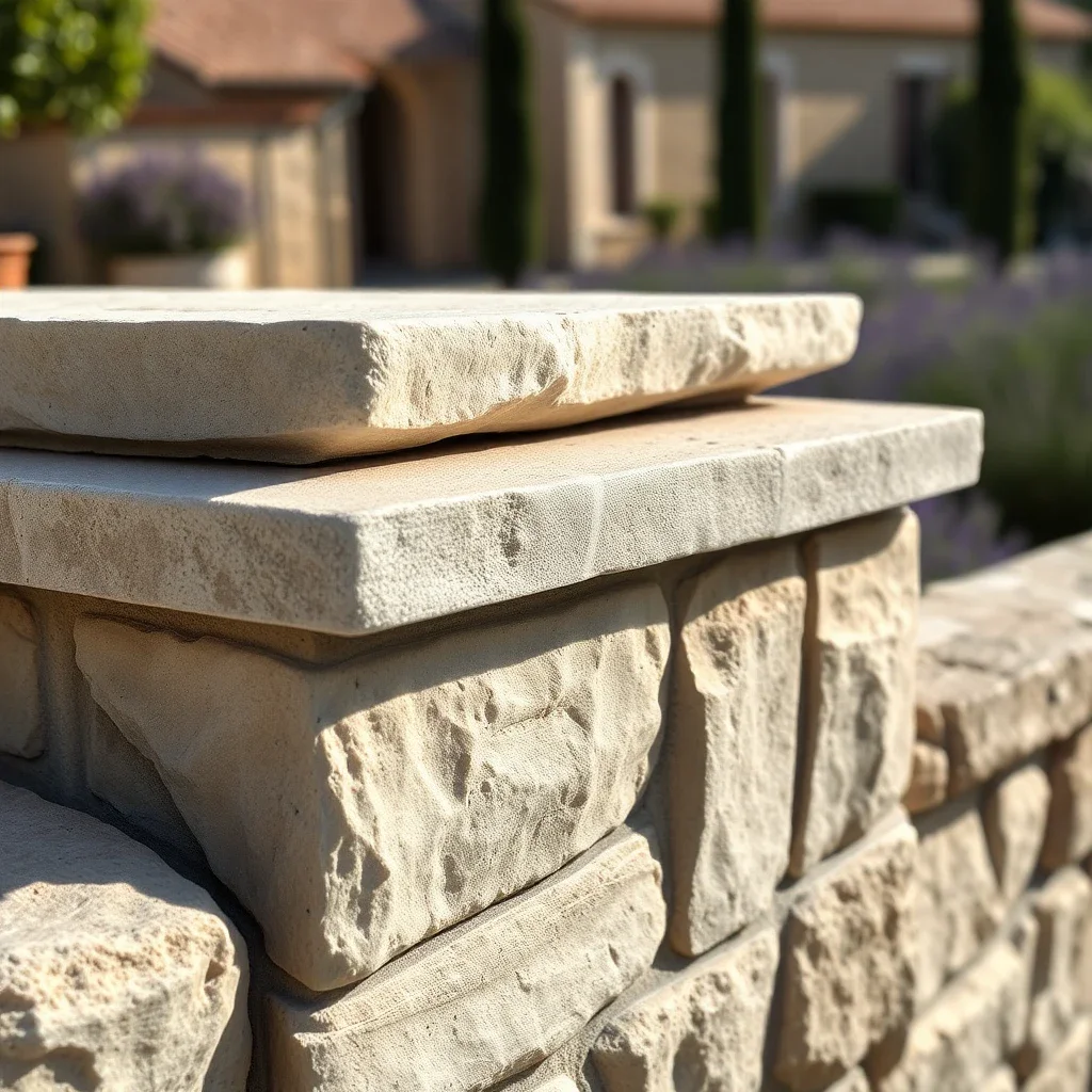 A close-up of a finished stone wall top with a stone capstone in a Provencal garden, showcasing professional masonry craftsma
