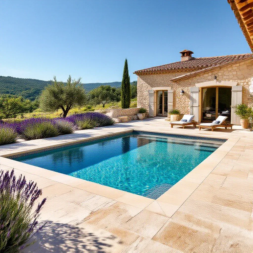 Aerial view of a Provencal swimming pool with large natural stone paving around it, set in a landscaped garden with lavender