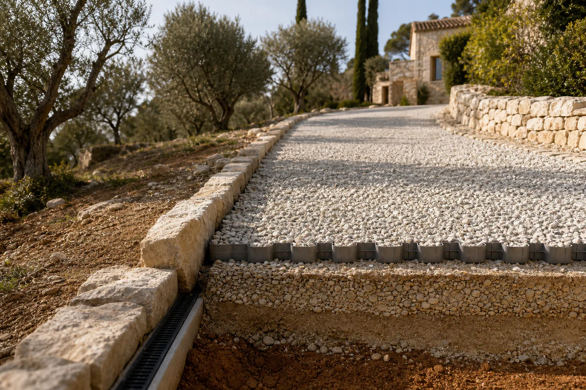 Sloped gravel driveway stabilized with honeycomb grids, stone edging, and drainage in a Provençal landscape.