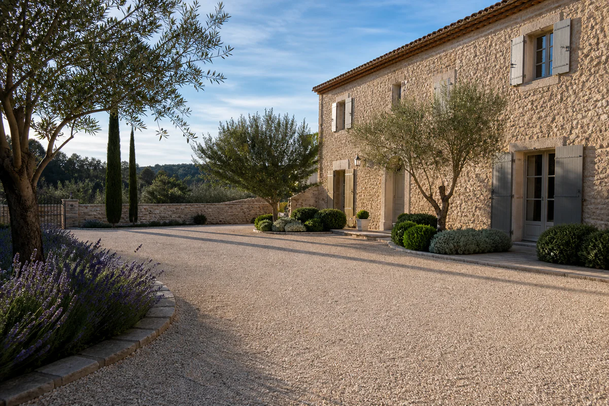 Cour en gravier claire et stable devant une maison provençale avec bordures en pierre et végétation méditerranéenne.
