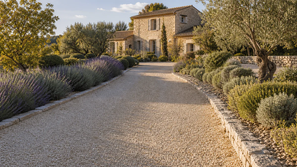 Allée en gravier claire et stable devant une maison provençale en pierre avec bordures et jardin méditerranéen.