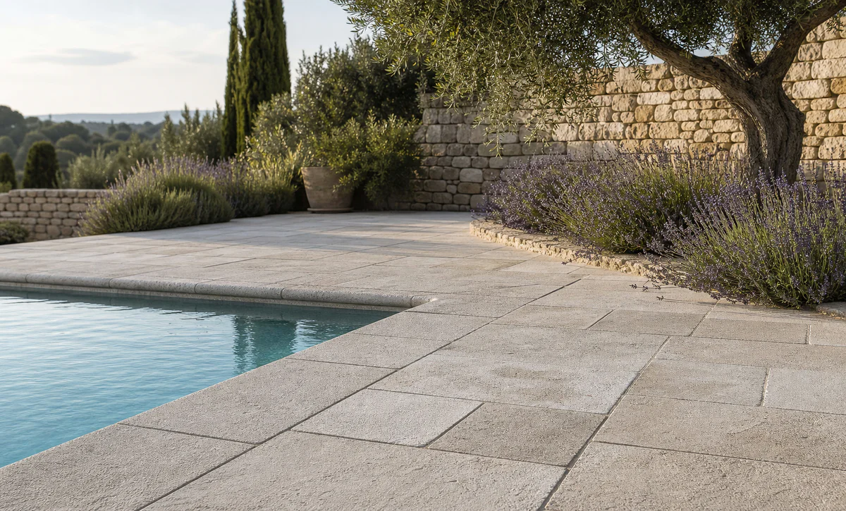Terrasse extérieure provençale avec dallage en pierre reconstituée près d'une piscine et d'un jardin méditerranéen.