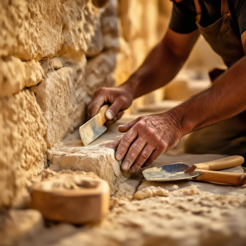 Close-up of a craftsman's hands applying lime mortar into the joints of a traditional Provencal stone wall during golden hour