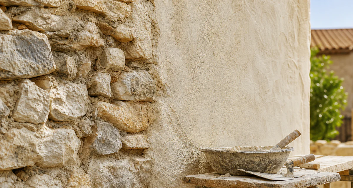 Close-up of a traditional Provençal stone wall restored with lime and sand render, showing natural texture and masonry tools.
