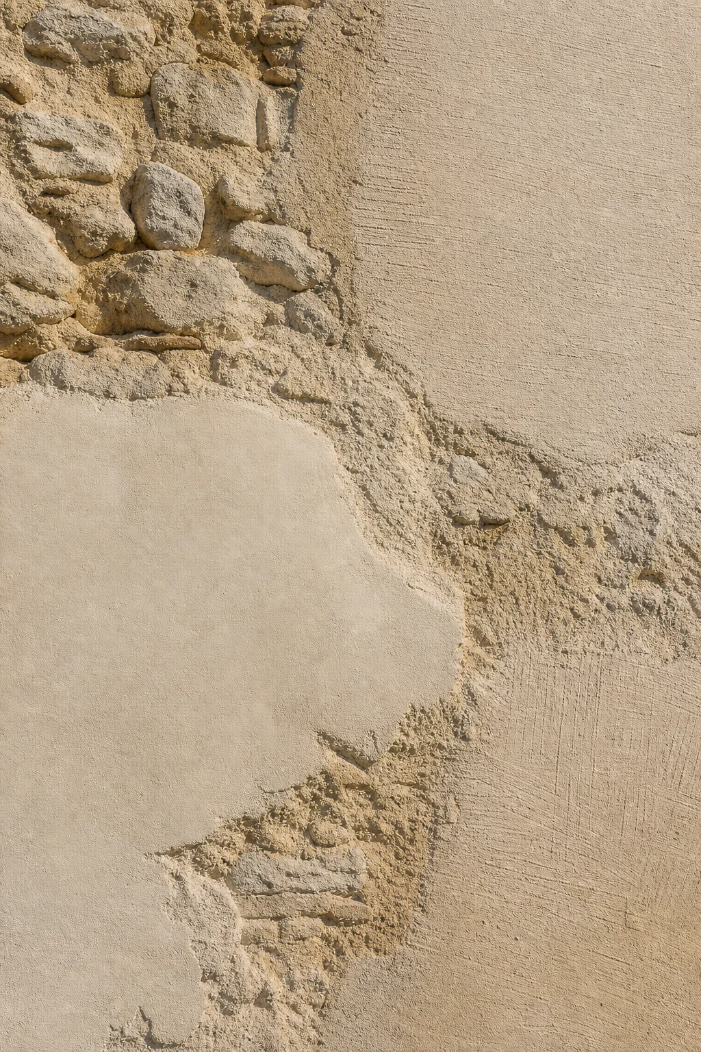 Gros plan d'un mur ancien en pierre avec différentes textures naturelles d'enduit à la chaux sous une lumière chaude.