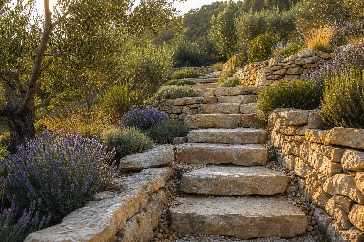 Escalier extérieur en pierre sèche intégré à une restanque dans un jardin provençal avec plantes méditerranéennes.