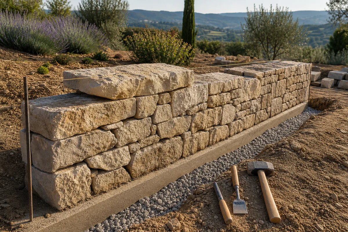 Mur en pierre provençal en cours de construction avec fondation stable, drainage en gravier et pierres calcaires alignées.