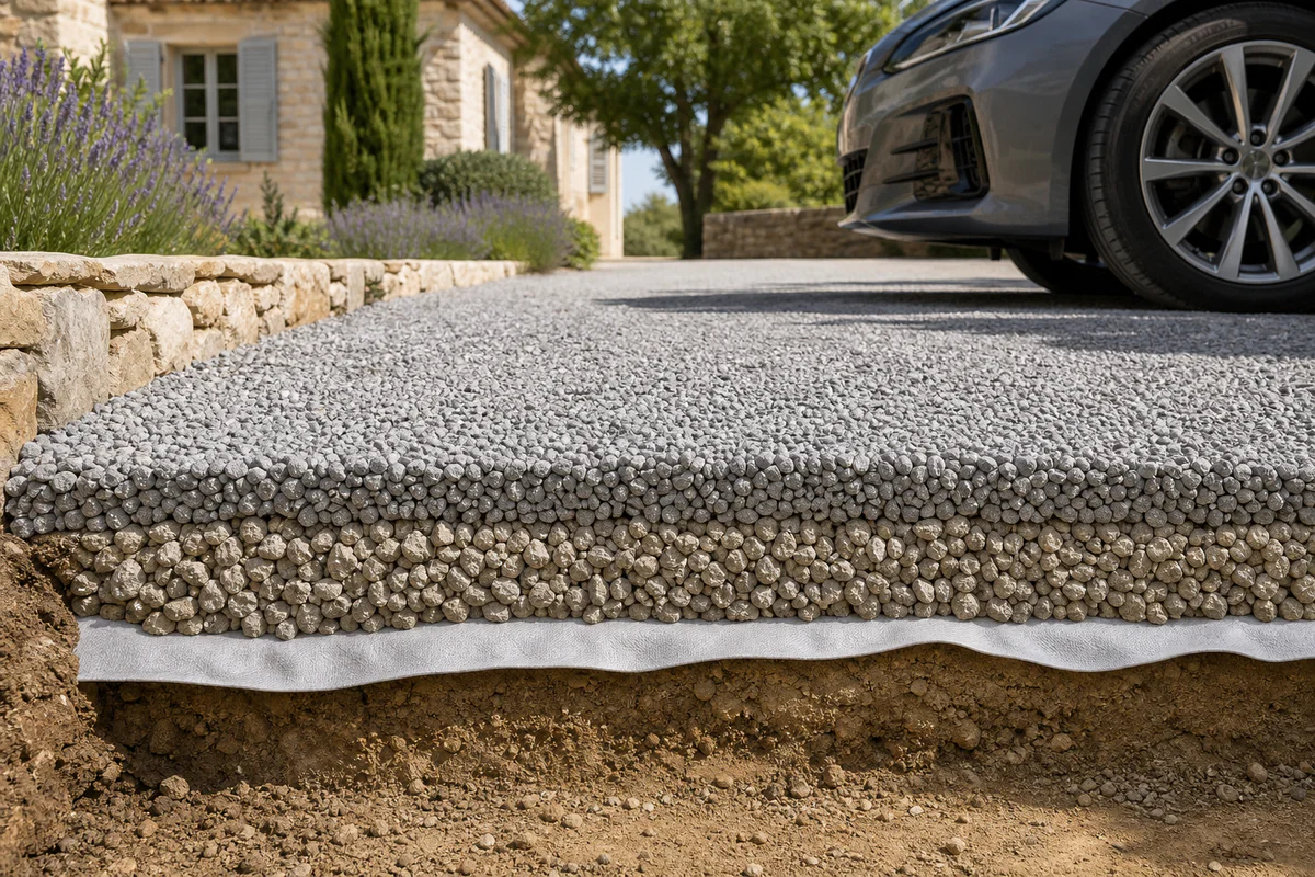 Cutaway illustration of a gravel driveway for cars showing geotextile fabric beneath the gravel layers to prevent sinking.