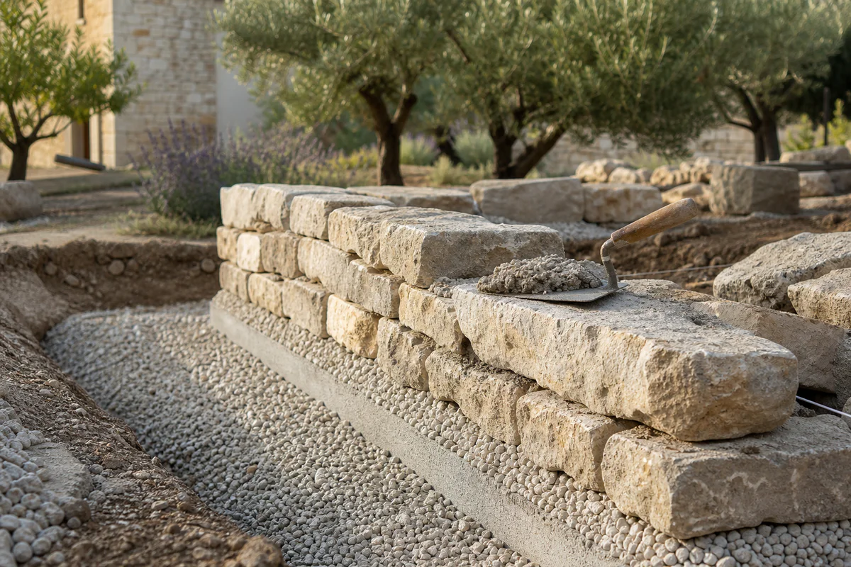 Partially built stone wall with limestone blocks, foundation trench, drainage layer and mortar in a Provence garden setting.