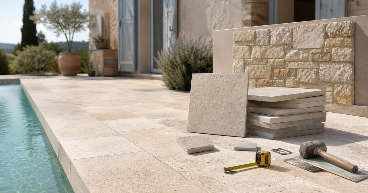 Sunlit Provençal terrace with reconstituted stone slabs, pool coping samples, tools, and material textures suggesting renovat