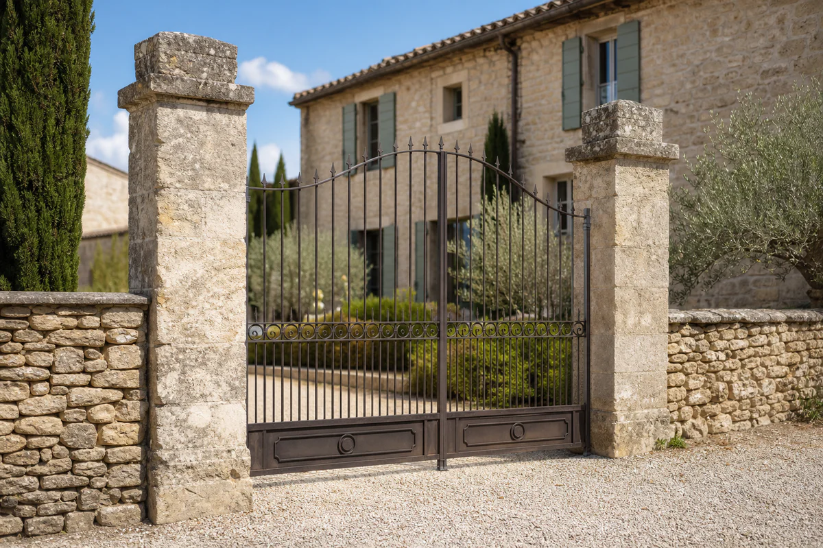 Portail métallique harmonieux installé entre des piliers et un mur en pierre ancienne devant une maison provençale.