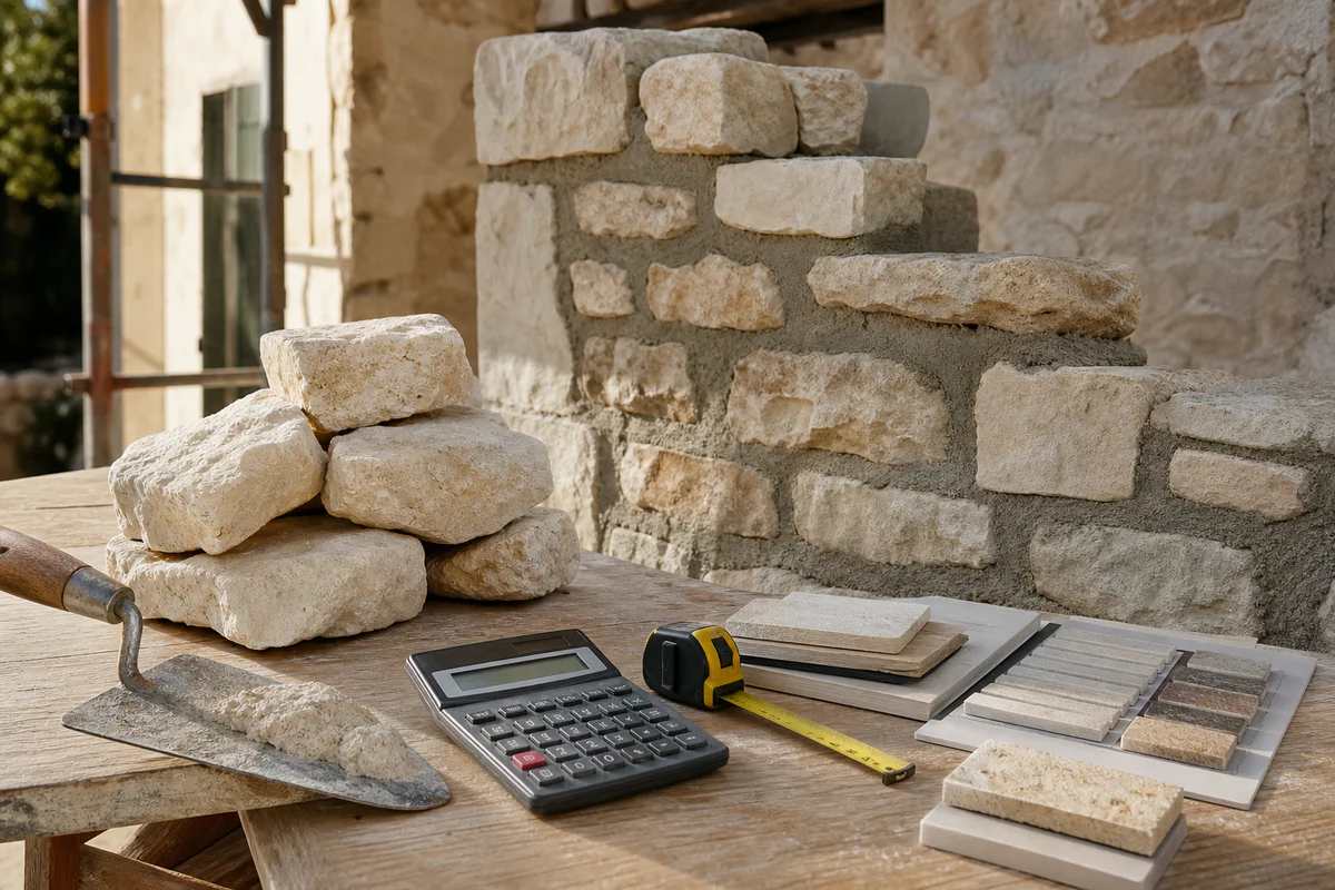 Limestone moellon blocks, tools, and cost-estimation materials beside a partially built stone wall in Provence.