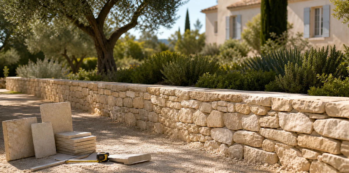 Mur extérieur en pierre naturelle dans un jardin provençal avec détails de pose et matériaux de chantier.