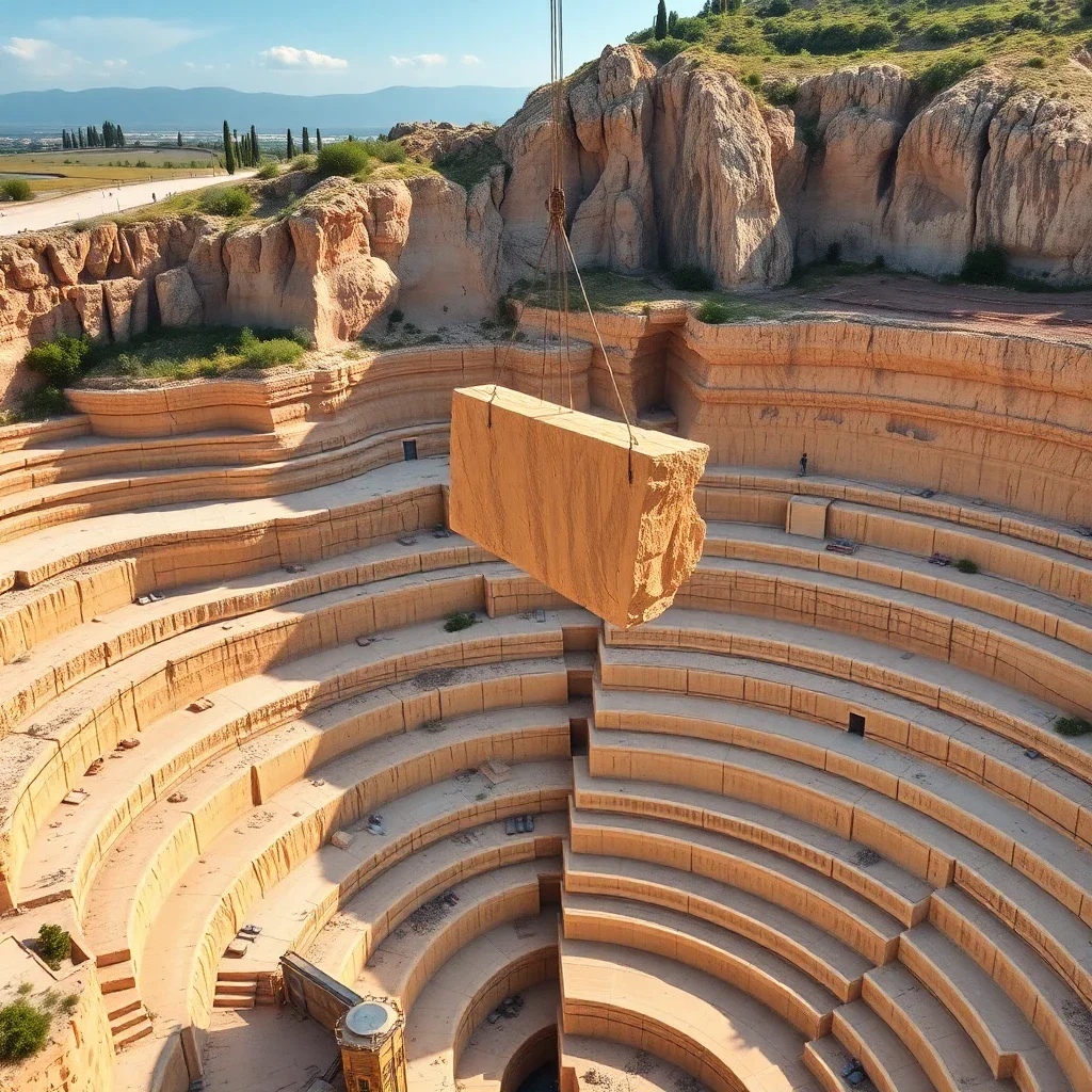 Aerial view of a limestone quarry in Provence with layered rock terraces, a crane lifting a stone block, and surrounding Medi