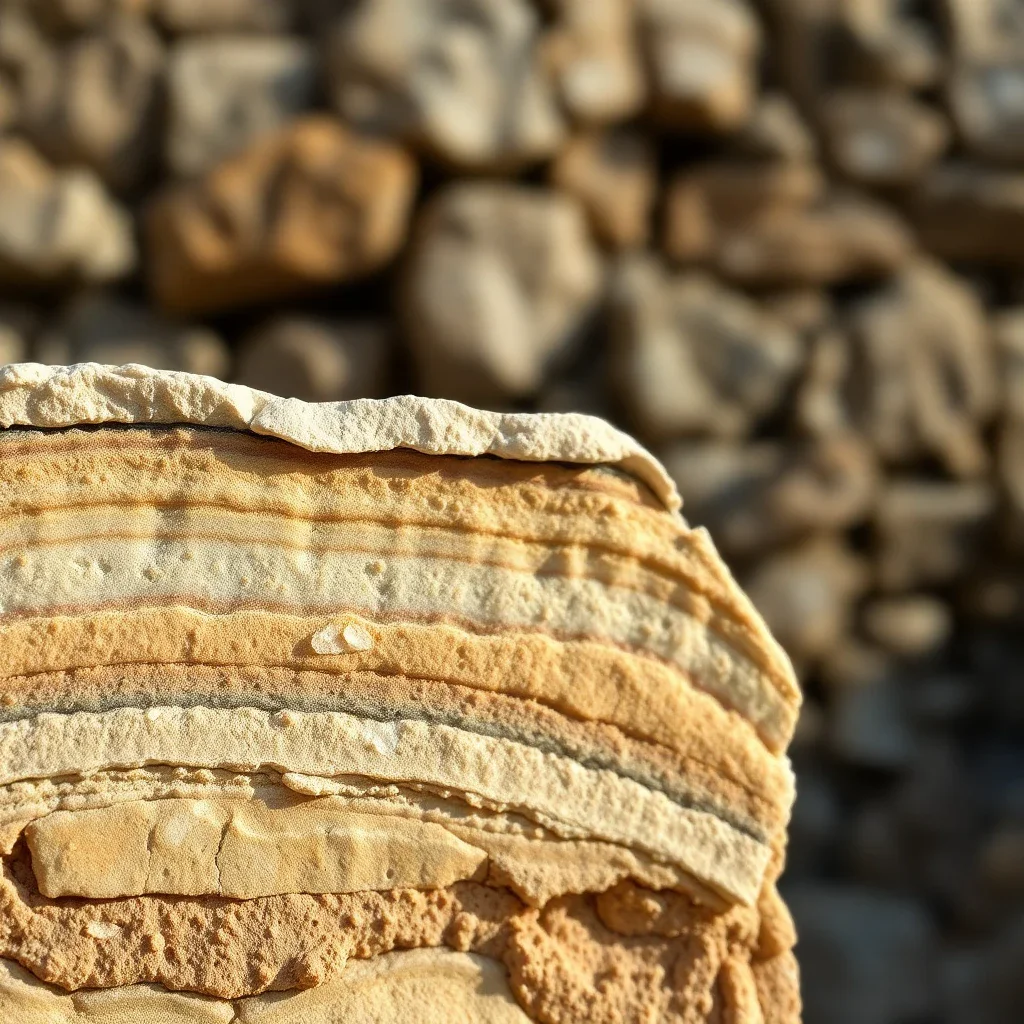 Close-up macro photograph of a natural stone cross-section showing layered mineral textures in earthy tones, with a blurred b