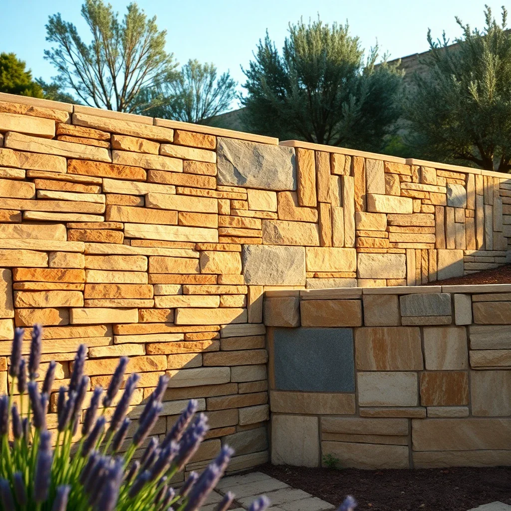 A beautifully crafted garden retaining wall made from a mix of natural stones including limestone, granite, and schist, set i