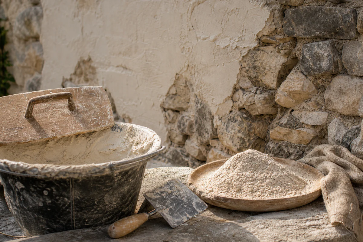 Traditional lime plaster materials and tools beside an old Provençal stone wall being restored.