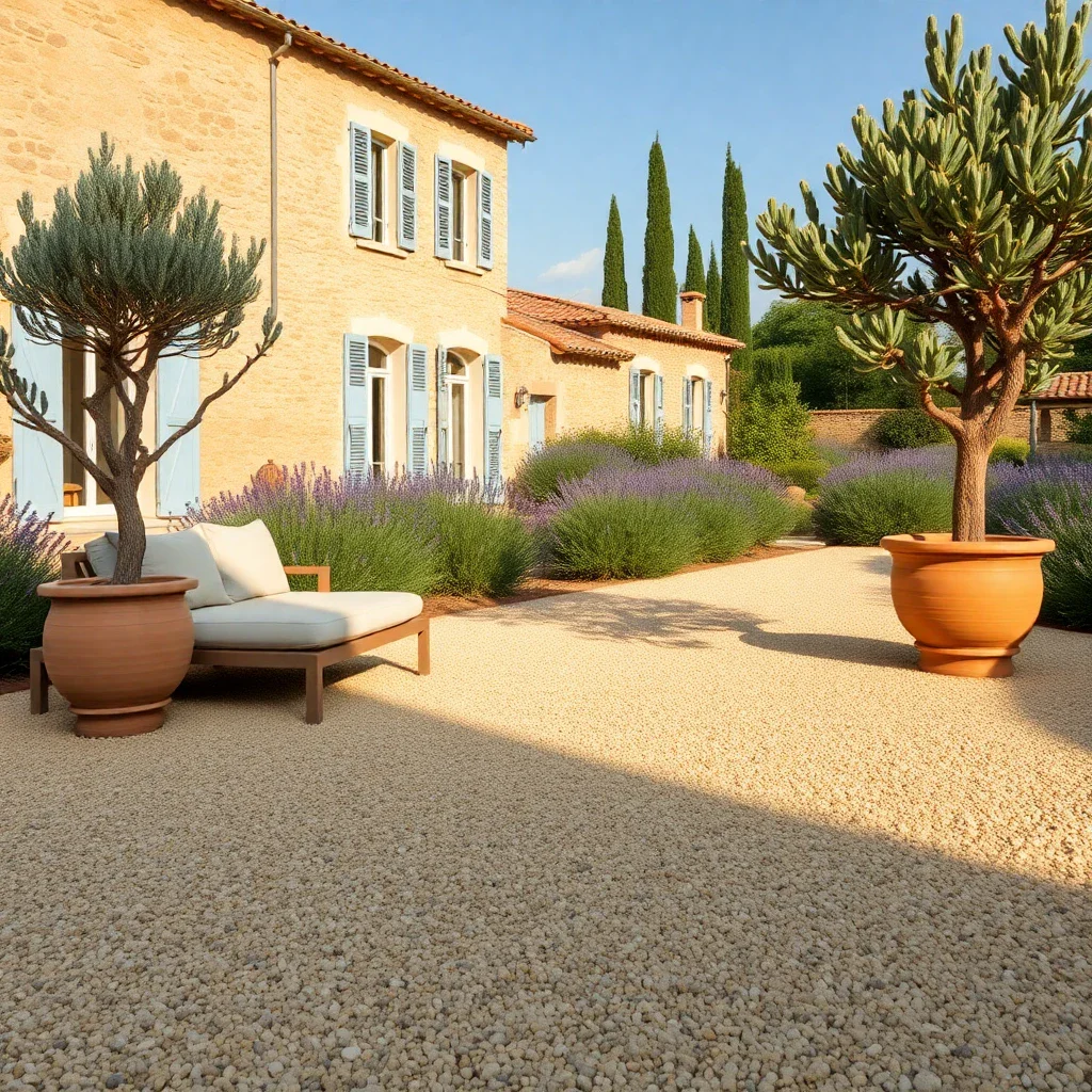 A beautifully designed Provencal terrace made of smooth, warm-toned stabilized gravel, featuring a modern lounge set and an o