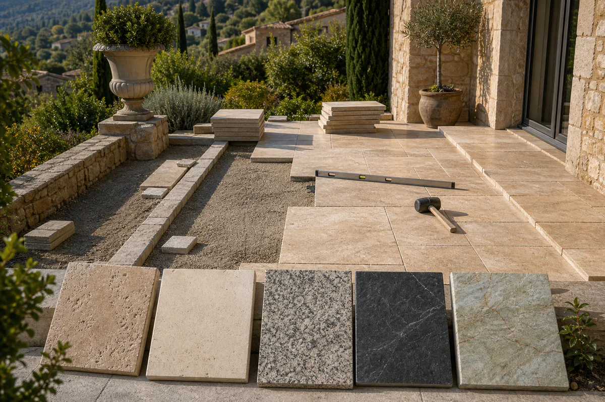 Natural stone terrace with material samples and installation details suggesting the full cost of a terrace project.