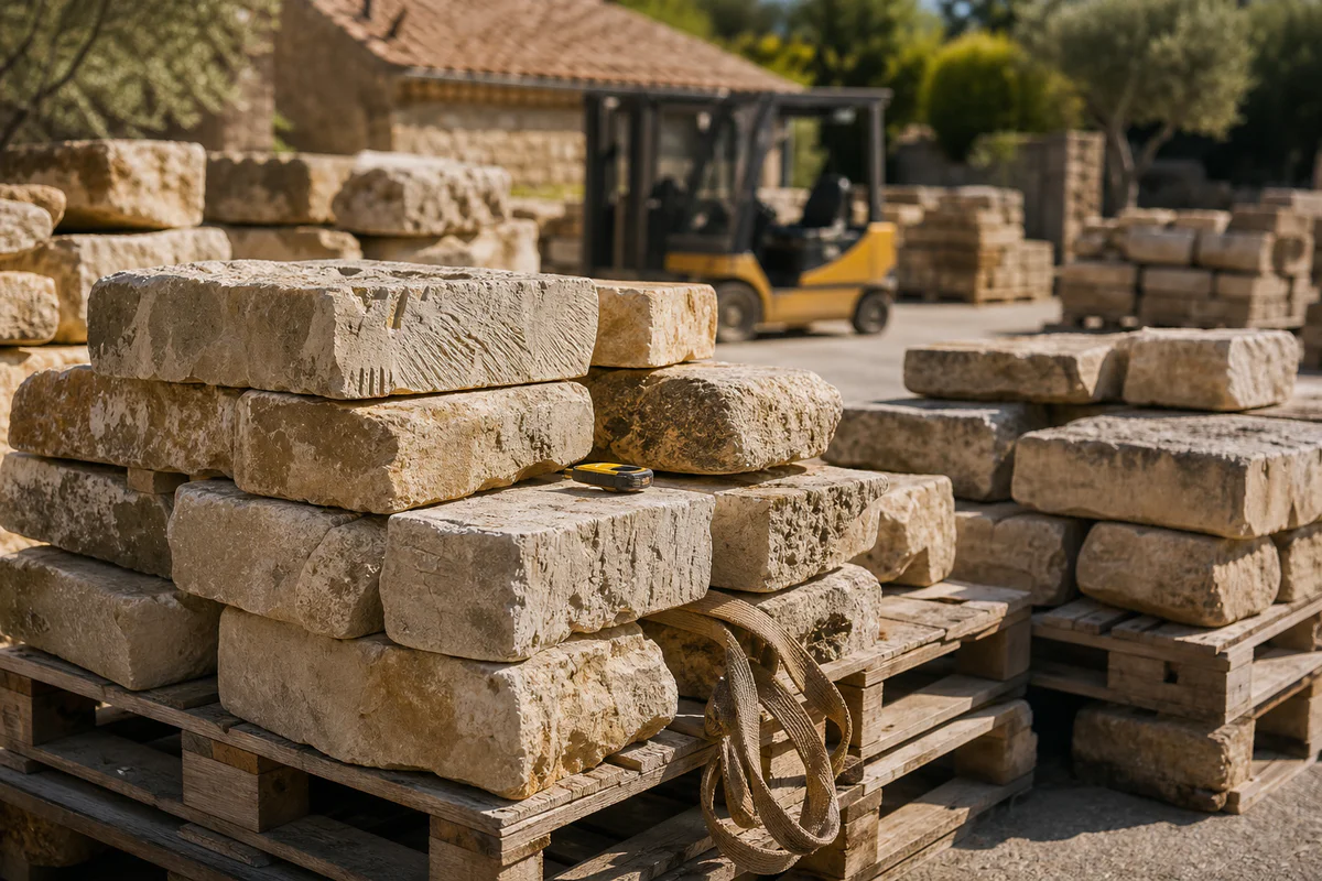 Sorted ancient cut limestone blocks on pallets in a professional stone yard, ready for sale and transport.