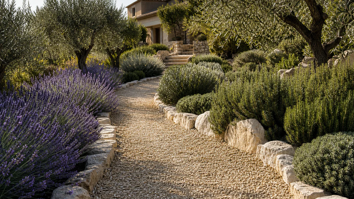 Allée de jardin en gravier propre et bordée de pierres dans un jardin provençal sec avec lavande, oliviers et lumière chaude.