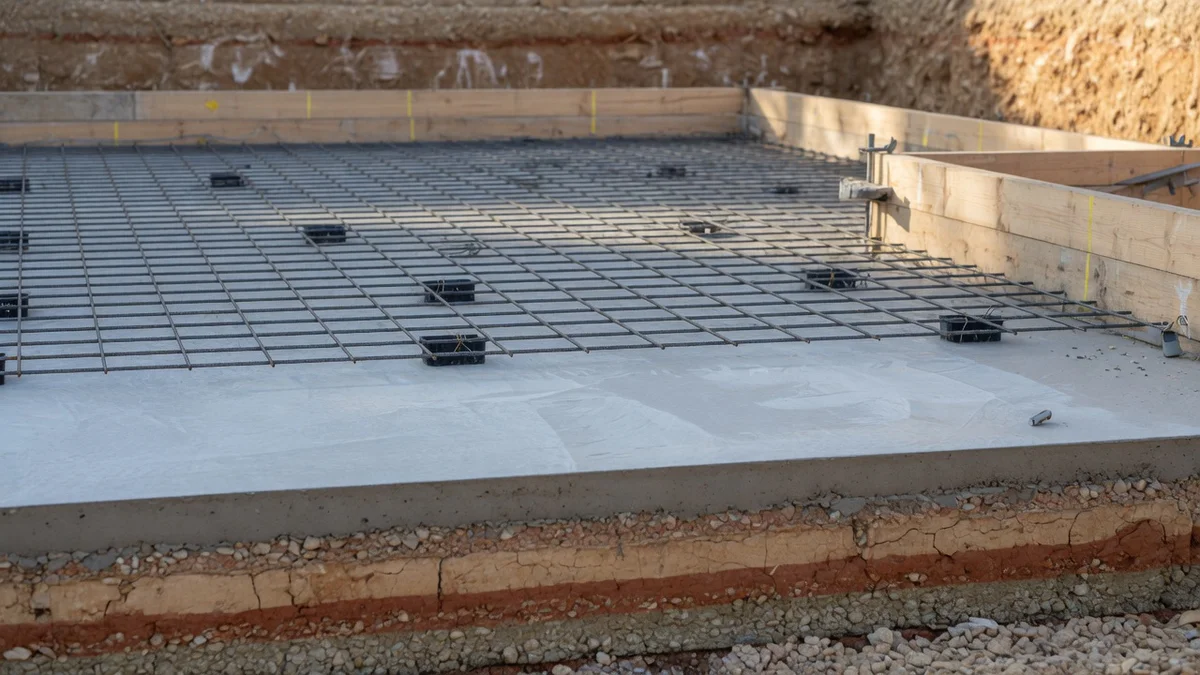 Couche de béton de propreté coulée sur un fond de fouille avec armature de radier prête à être posée au-dessus.
