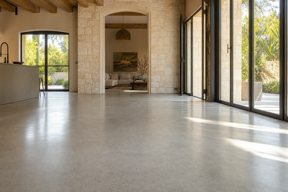 Interior with a polished concrete floor reflecting natural light in a renovated Provençal home.