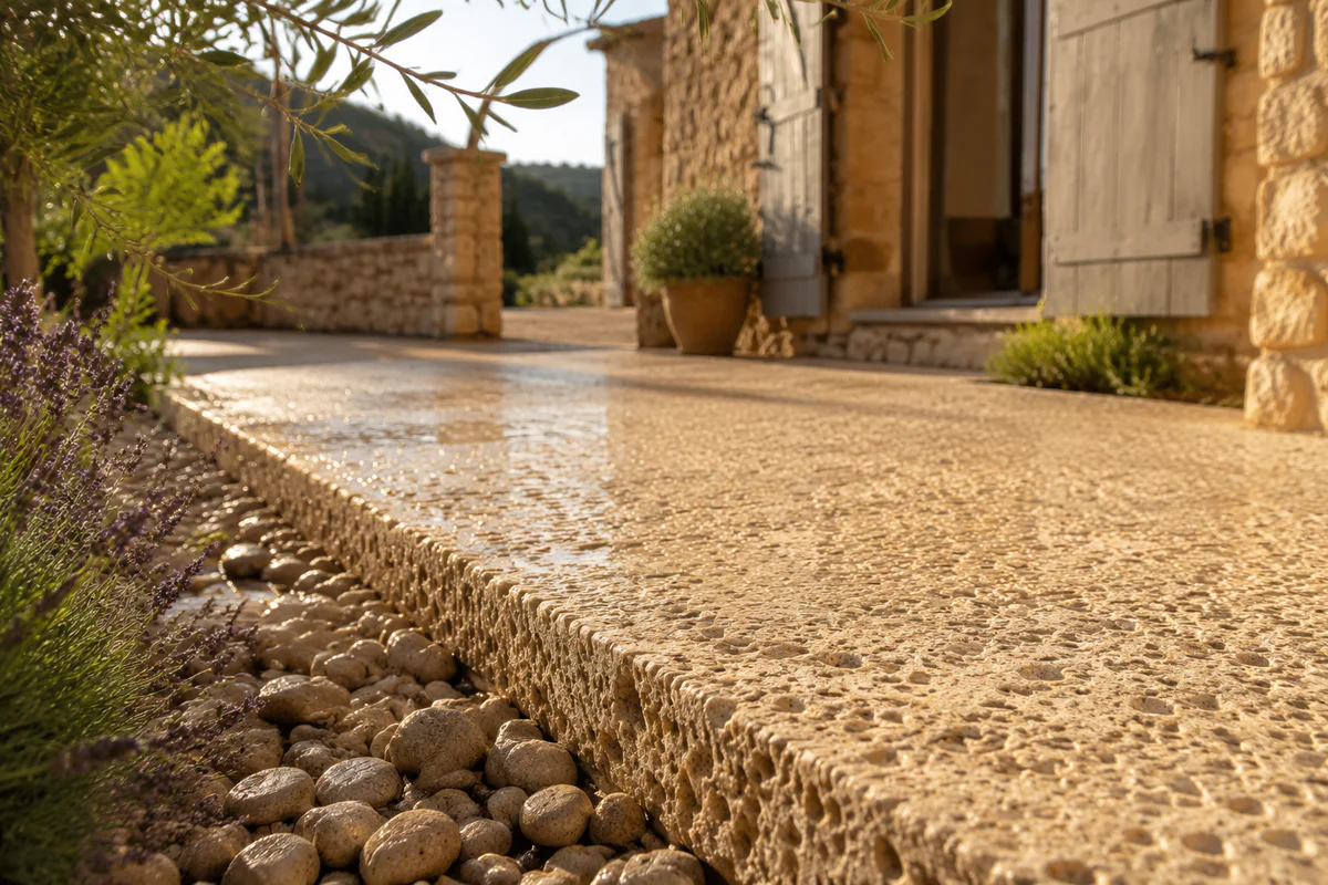 Gros plan sur une allée en béton absorbant à texture poreuse, bordant la façade en pierre d'un mas provençal baigné de lumièr