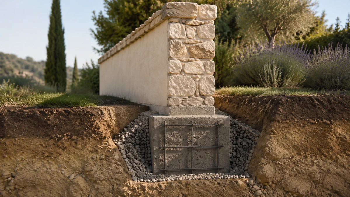 Vue en coupe d’un muret maçonné avec sa semelle de fondation en béton armé, le drainage et les différentes couches de sol vis
