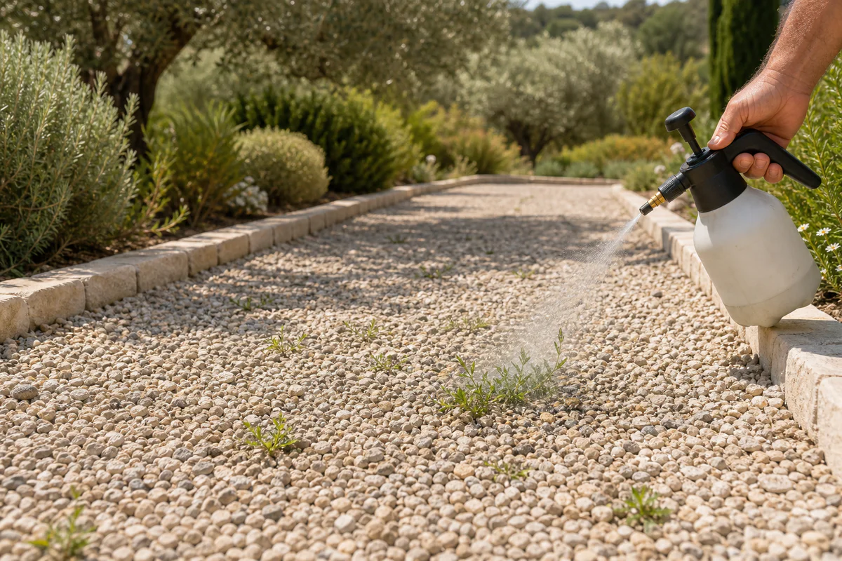 Localized weed treatment on a gravel driveway with limestone borders in a dry Provence garden.