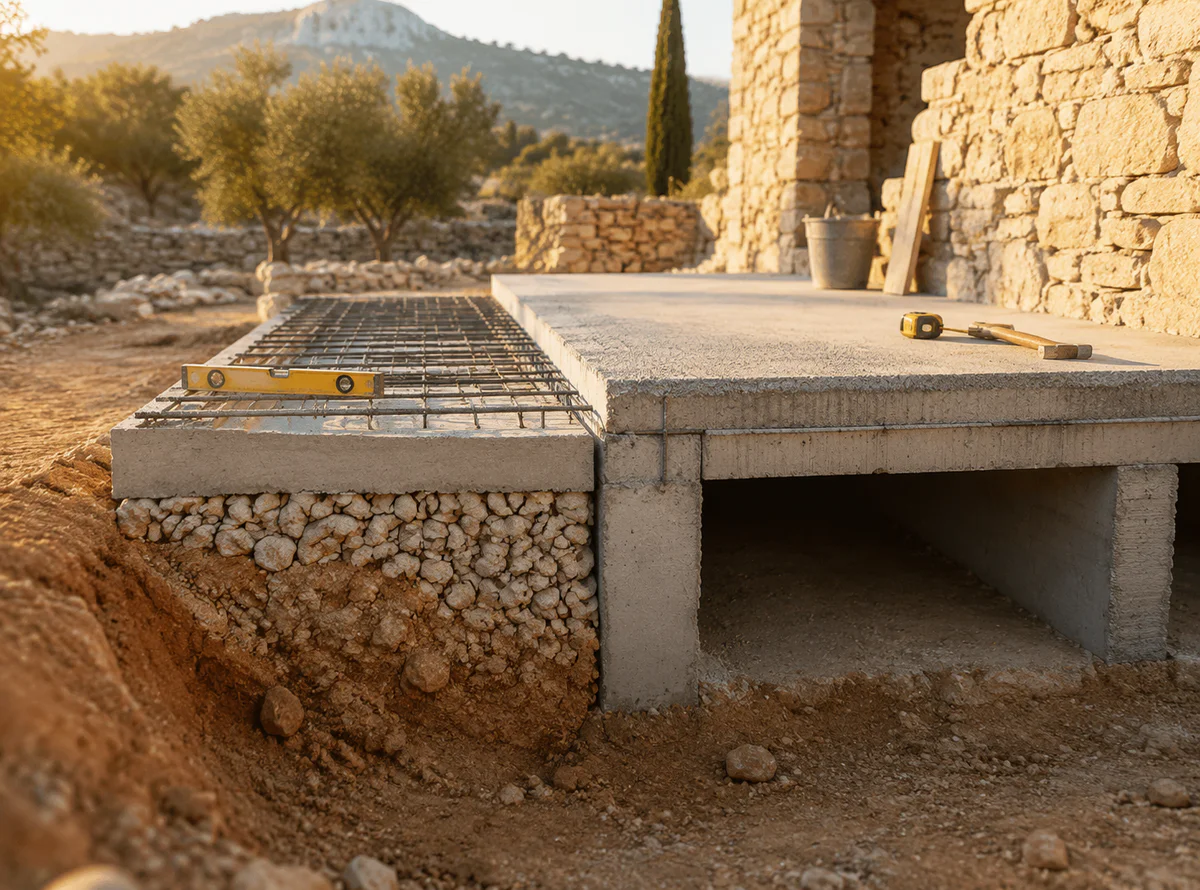 Cross-section illustration comparing a dalle portée (suspended slab on beams) and a dallage sur terre-plein (slab resting on