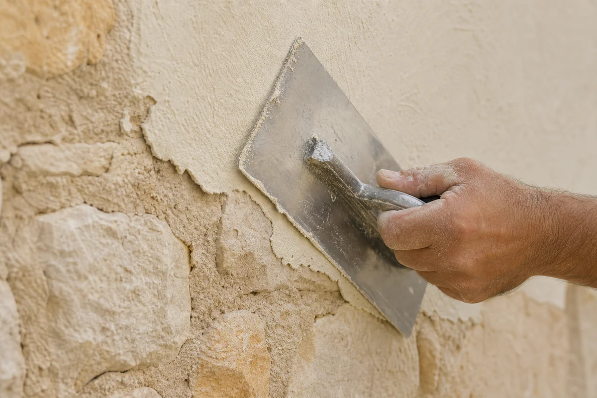 Artisan smoothing a lime plaster finish on an old Provençal stone wall.