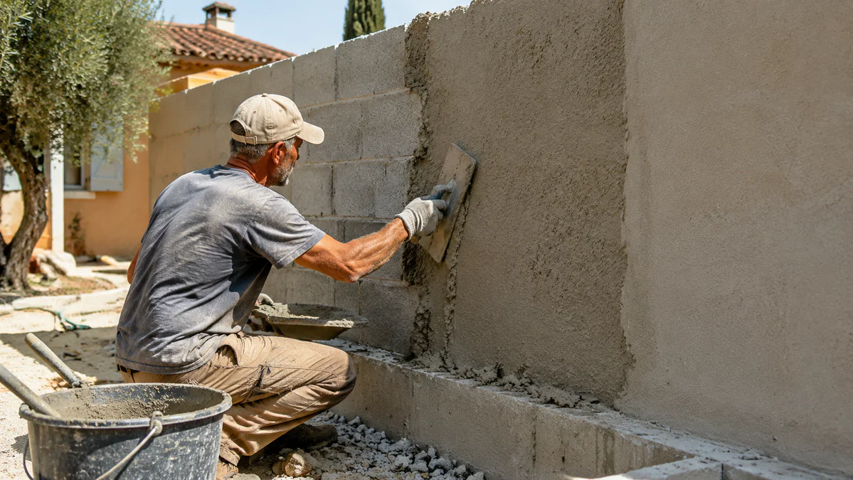 Mason applying gray cement render to a prepared concrete block wall with a trowel and mortar tools.