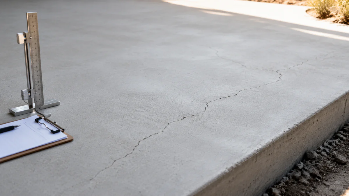 Vue rapprochée d'une dalle en béton neuve présentant une fine fissure superficielle, avec des outils de mesure évoquant un di
