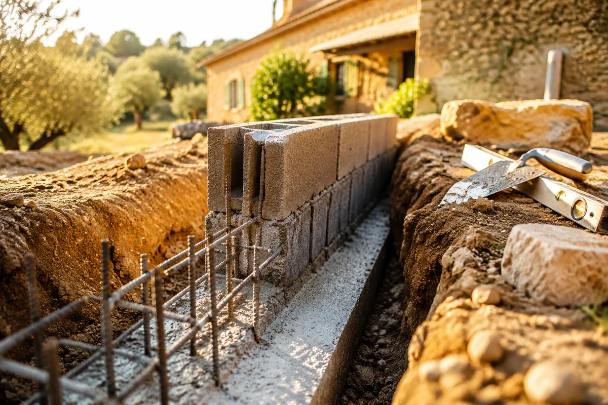 Fondation en béton armé avec parpaing pour un muret, illustrant les techniques de construction adaptées aux sols provençaux p