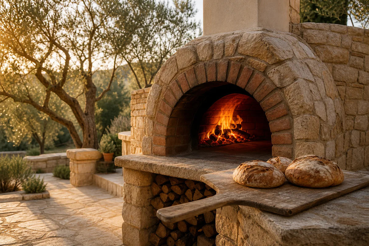 Traditional Portuguese refractory brick wood-fired bread oven on a Mediterranean outdoor terrace with fresh bread nearby.