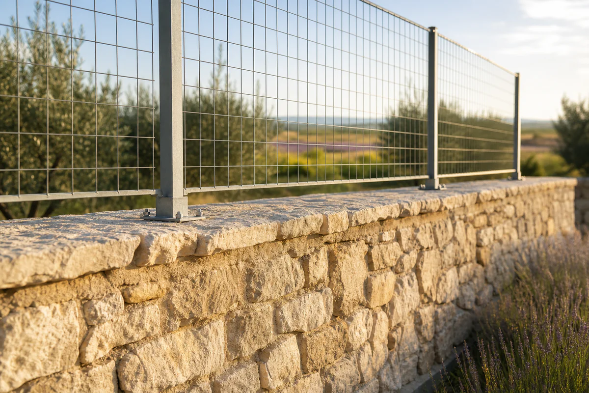 Modern wire mesh fence installed on top of an old Provençal stone wall without damaging the masonry.