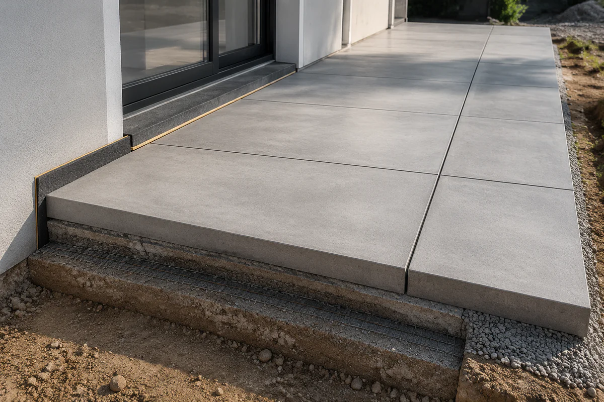 Terrasse en béton moderne avec joints de dilatation réguliers et bande périphérique entre la dalle et la façade d’une maison.